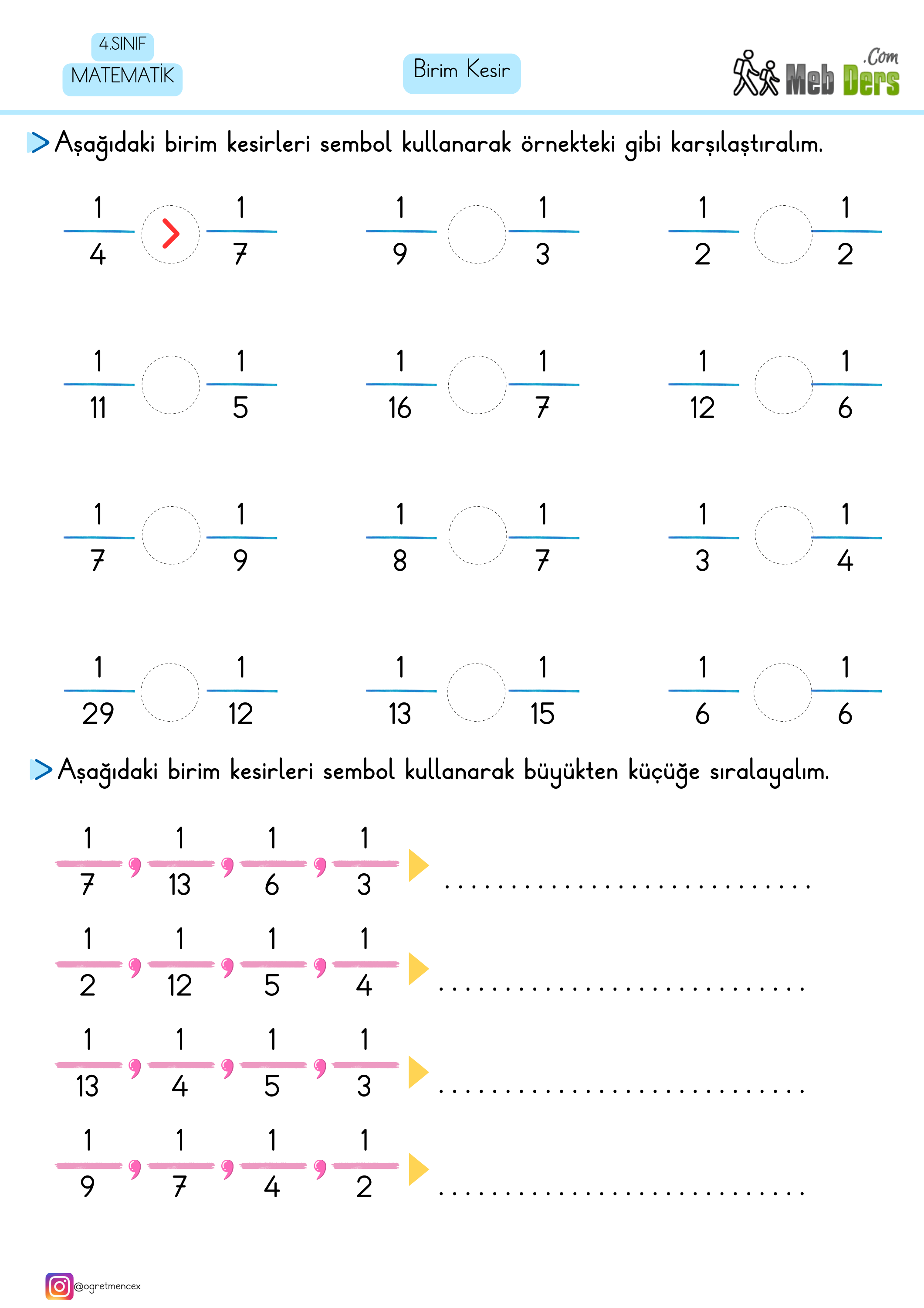 4. Sınıf Matematik Birim Kesir Çalışma Sayfası