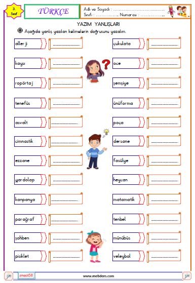 3. Sınıf Türkçe Yazım  Yanlışları Etkinliği