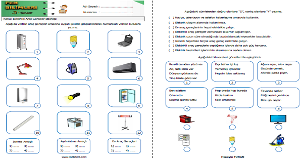 3.Sınıf Fen Bilimleri Elektrikli Araç Gereçler Etkinliği 2
