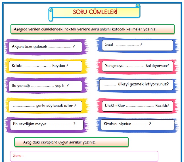 2.Sınıf Türkçe Soru Cümleleri Etkinlik Çalışması