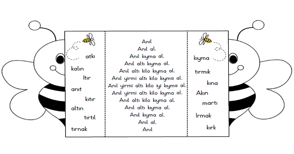 1.İlk Okuma Yazma  (I-ı Sesi) Arılı Boşluk Doldurma-Karesel Metinli 2 Şablon