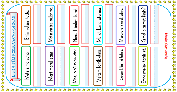 1. Sınıf İlk Okuma Yazma M-m Sesi Cümle Okuma Yazma Çalışması