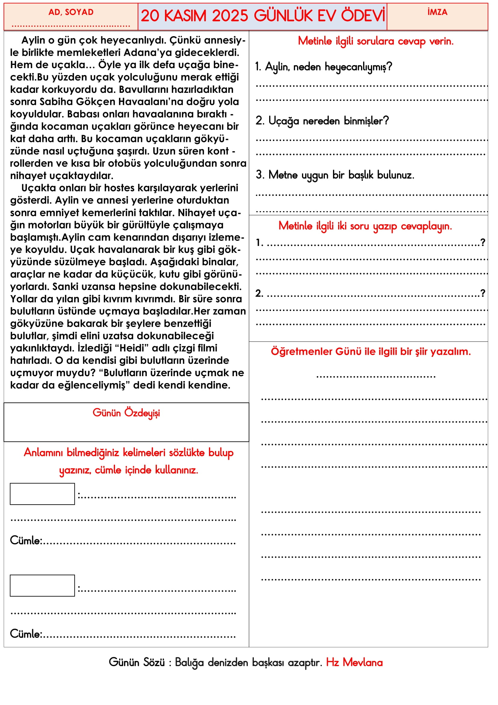 3.Sınıf - 20 Kasım 2025 Günlük Ev Ödevleri