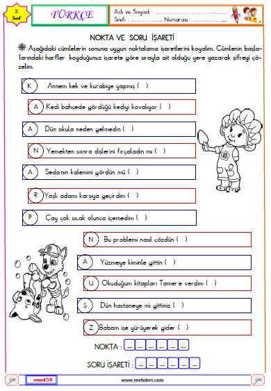 2. Sınıf Türkçe Nokta ve Soru İşareti Etkinliği