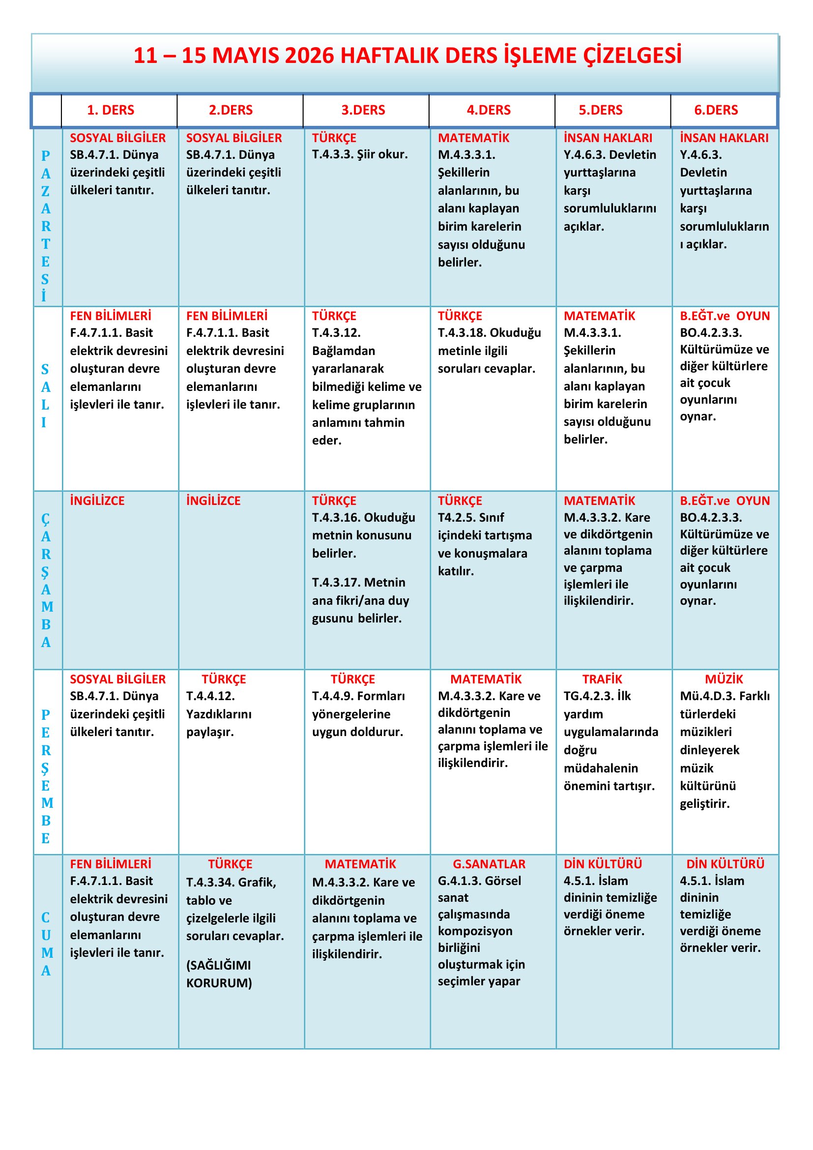 4.Sınıf 11 - 15 Mayıs 2026 Haftalık Ders İşleme Çizelgesi.doc