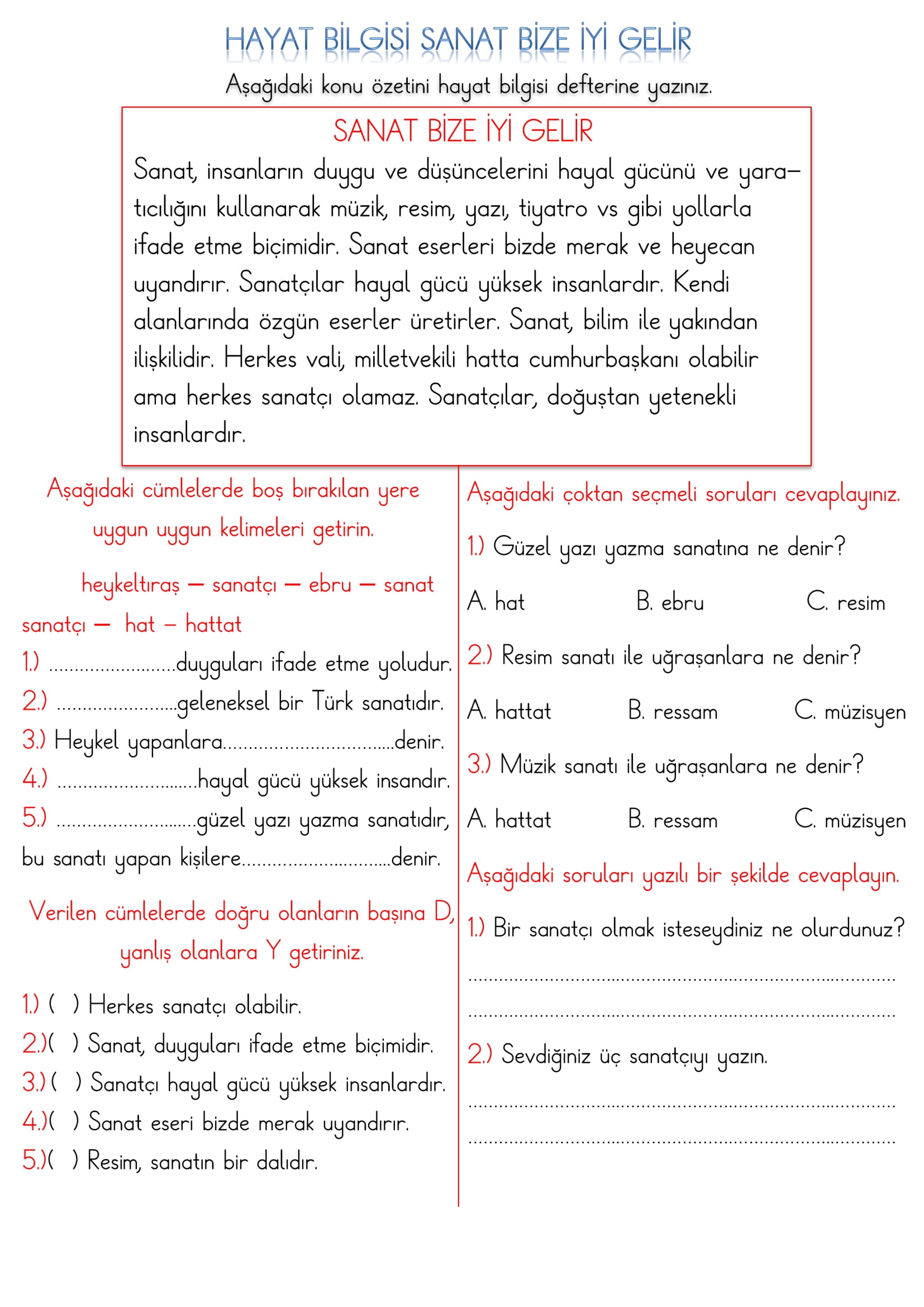 1.Sınıf Hayat Bilgisi Sanat Bize İyi Gelir Etkinliği