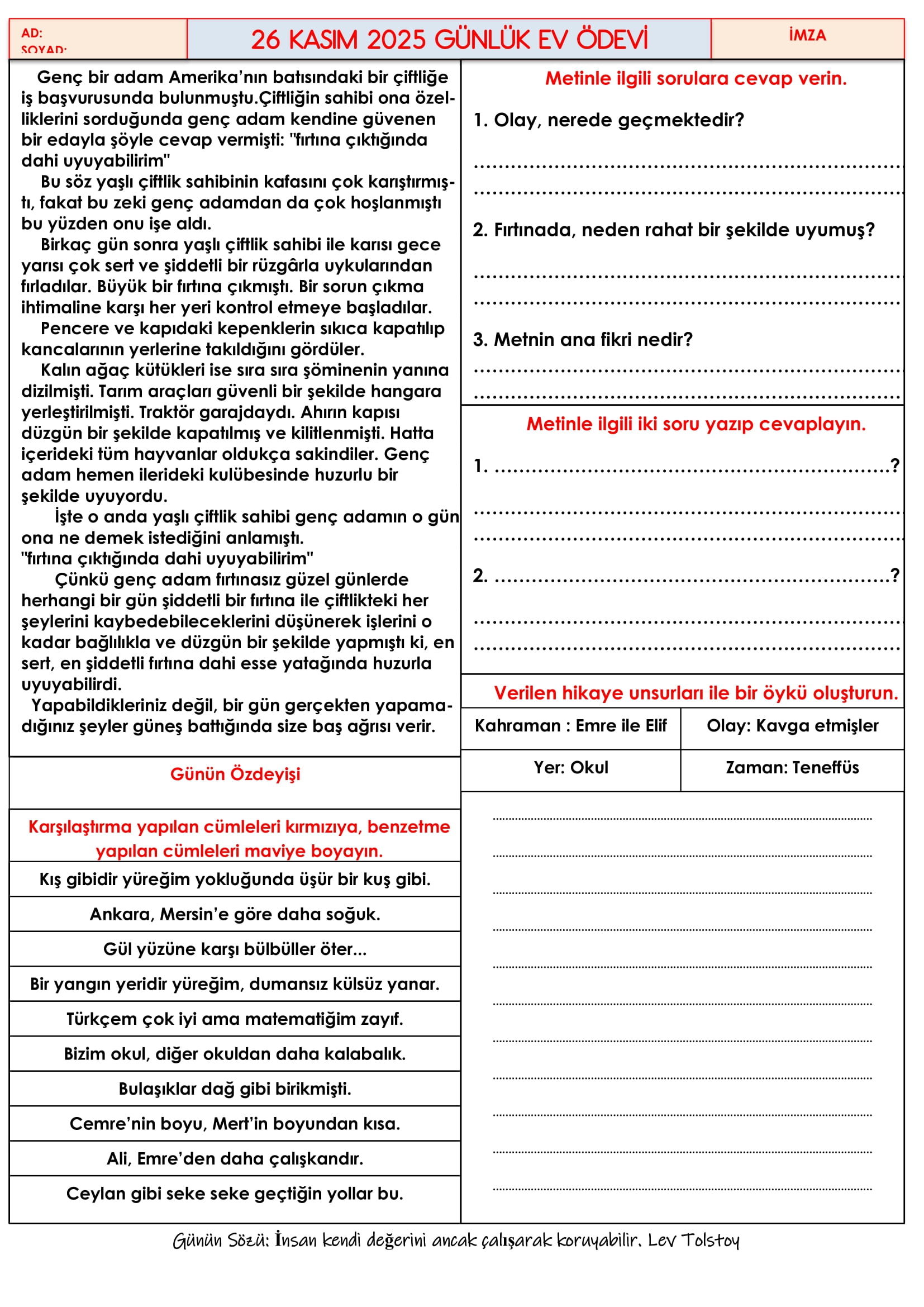 4.Sınıf - 26 Kasım 2025 Günlük Ev Ödevleri