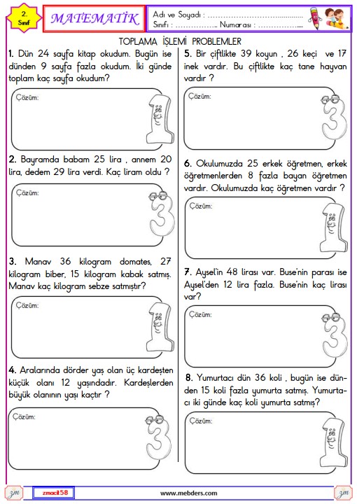 2. Sınıf Matematik Toplama İşlemi Problemleri Etkinliği 7