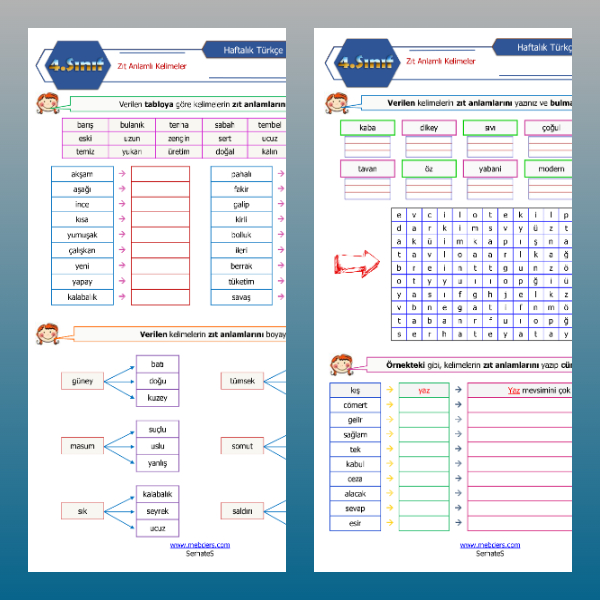 4. Sınıf Türkçe - Zıt Anlamlı Kelimeler Etkinlikleri