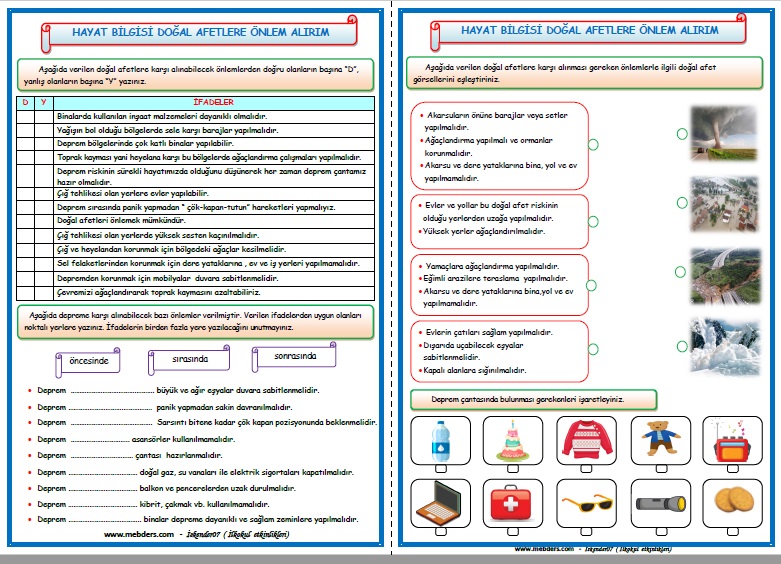 2.Sınıf Hayat Bilgisi Doğal Afetlere Önlem Alırım Etkinlik Çalışması