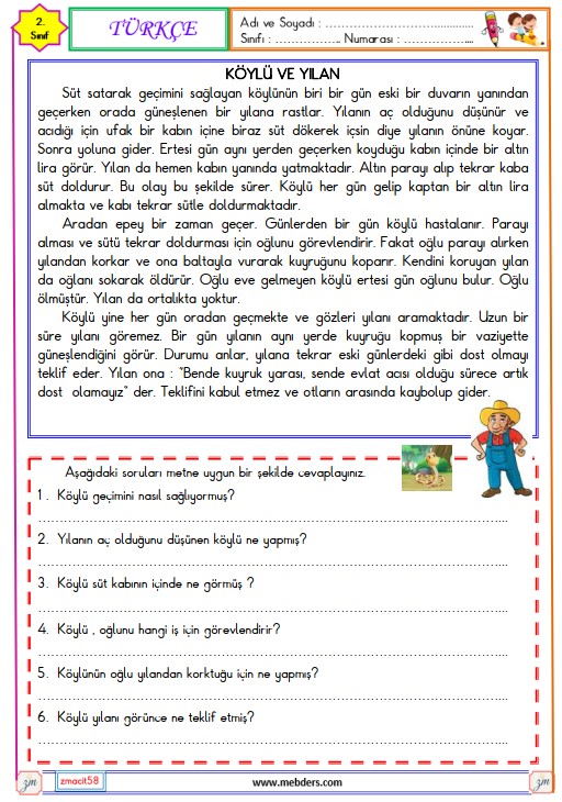 2. Sınıf Türkçe Okuma ve Anlama Metni Etkinliği (Köylü ve Yılan)