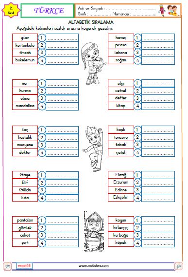2. Sınıf Türkçe Alfabetik Sıralama Etkinliği