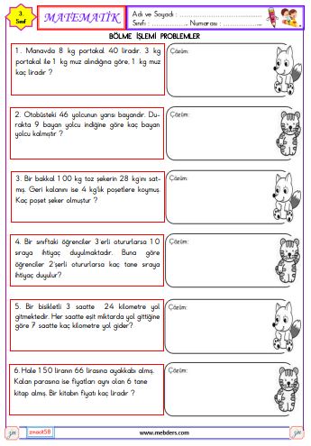 3. Sınıf Matematik Bölme İşlemi Problemleri Etkinliği 8