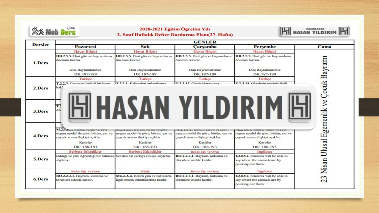 2.Sınıf 27.Hafta(19-22 Nisan) Defter Dolum Planı