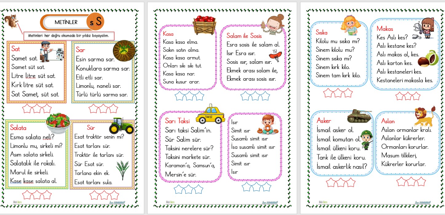1. Sınıf İlk Okuma Yazma S Sesi METİNLER