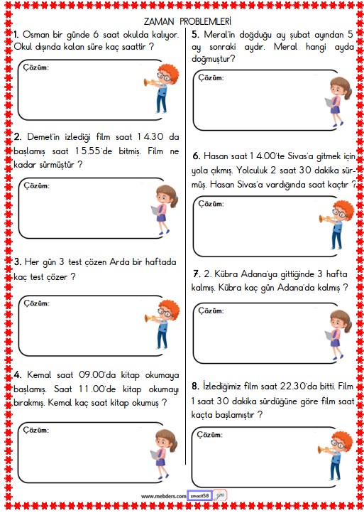 2. Sınıf Matematik Zaman Problemleri Etkinliği 4