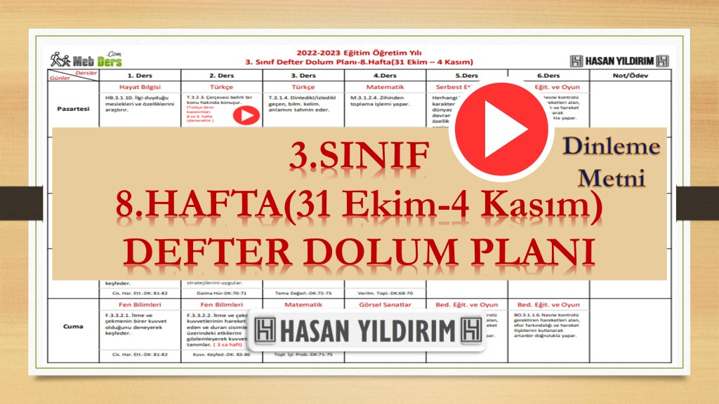 2022-2023 Eğitim Öğretim Yılı 3. Sınıf 8. Hafta (31 Ekim-4 Kasım) Defter Dolum Planı