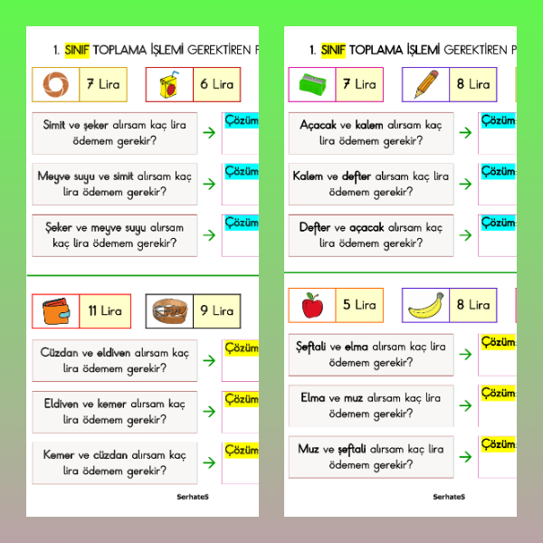 1. Sınıf Matematik - Toplama İşlemi Gerektiren Problemler Etkinliği - 2