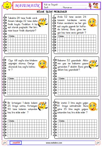 3. Sınıf Matematik Bölme İşlemi Problemleri Etkinliği 9