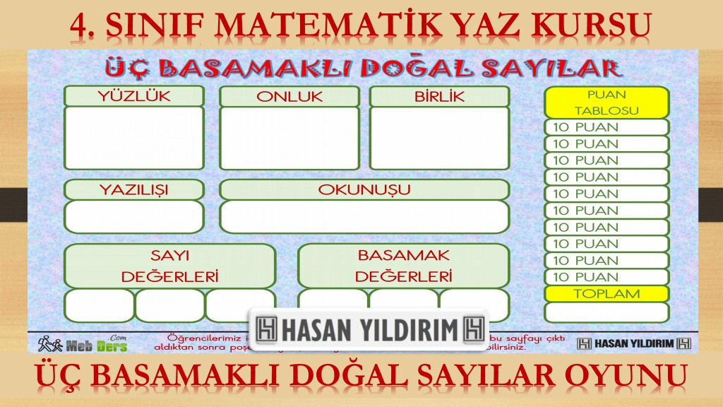 4.Sınıf Matematik Yaz Kursu - Üç Basamaklı Doğal Sayılar Oyunu