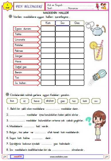 3. Sınıf Fen Bilimleri Maddenin Halleri Etkinliği 2