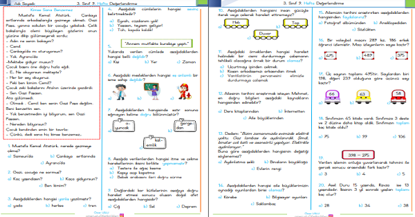 3. Sınıf Haftalık Kazanım Değerlendirme Testi 9. Hafta (03 - 07 Kasım)