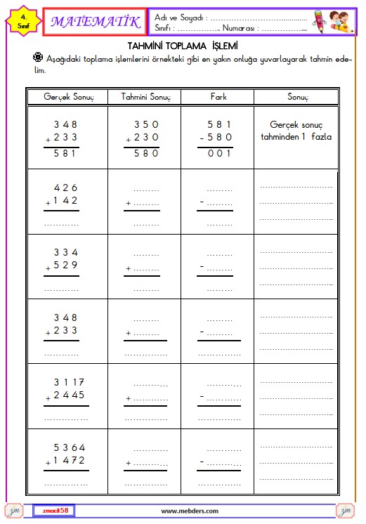 4. Sınıf Matematik Toplamı Tahmin Etme Etkinliği