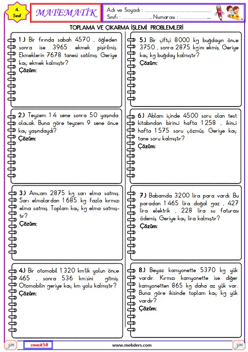 4. Sınıf Matematik Toplama ve Çıkarma İşlemi Problemler Etkinliği 1