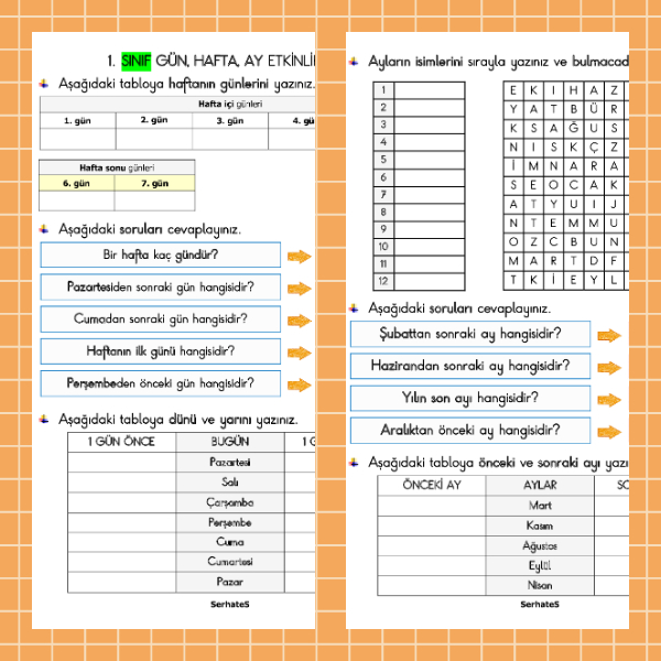 1. Sınıf Matematik Gün Hafta Ay Etkinliği - 1