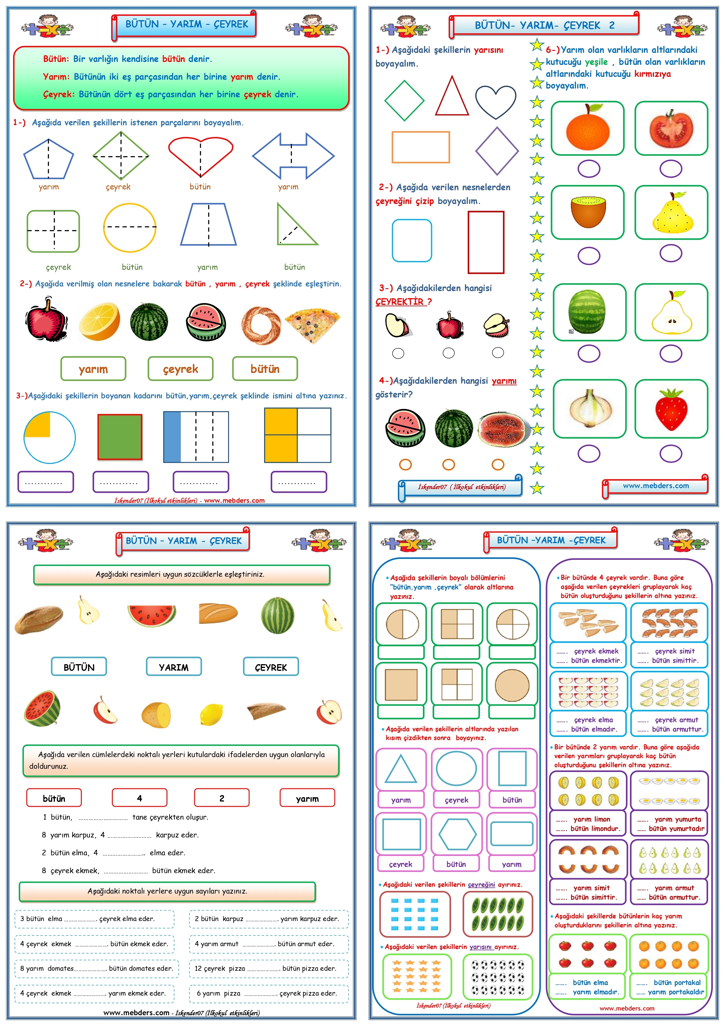 2.Sınıf Matematik Kesirler Bütün-Yarım-Çeyrek Çalışması   (4 Sayfa)