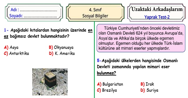 4.Sınıf Sosyal Bilgiler Uzaktaki Arkadaşlarım Yaprak Test 2