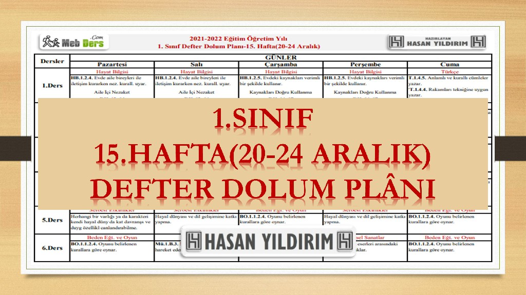 1.Sınıf 15.Hafta(20-24 Aralık) Defter Dolum Planı