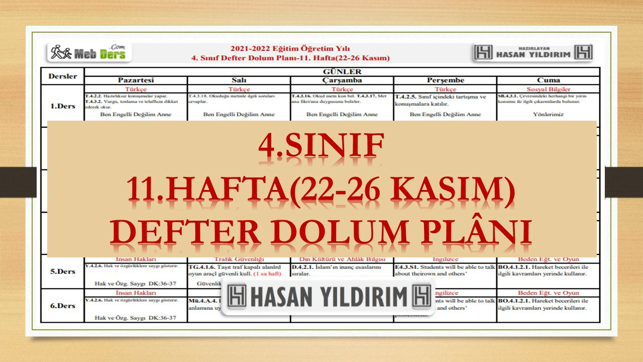 4.Sınıf 11.Hafta(22-26 Kasım) Defter Dolum Planı