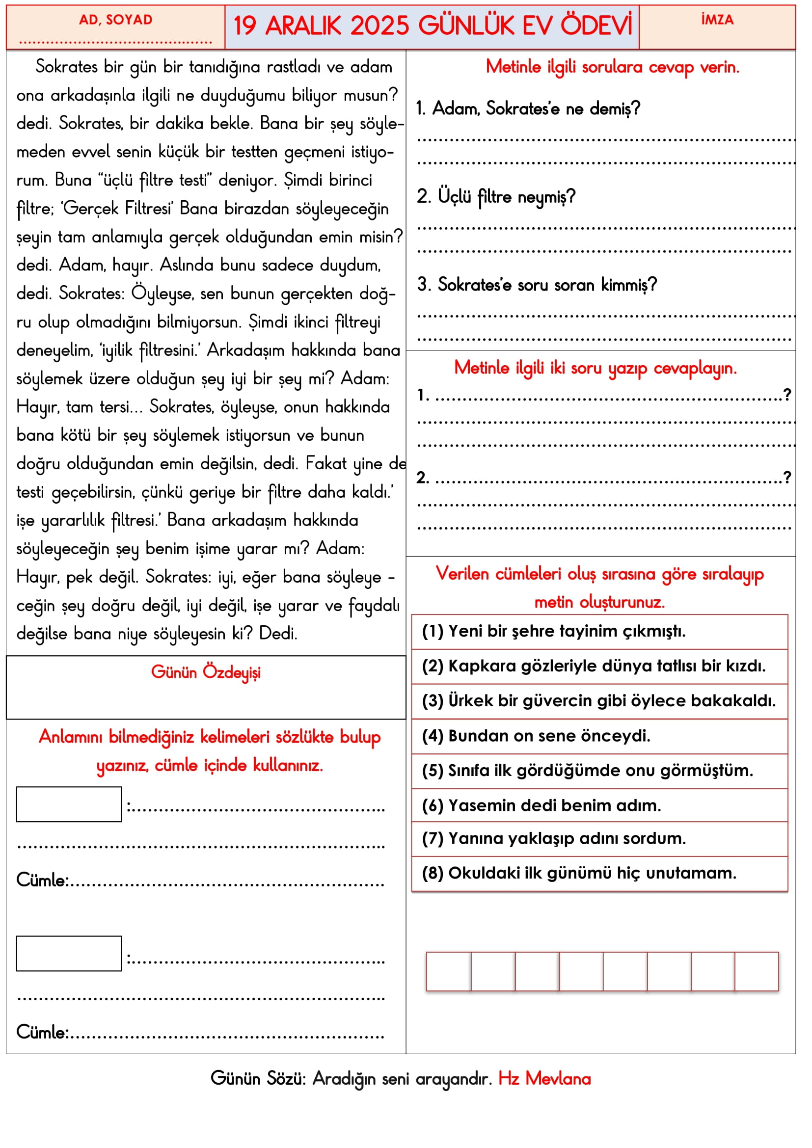 3.Sınıf - 19 Aralık 2025 Günlük Ev Ödevleri