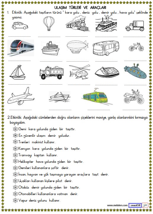 2. Sınıf Hayat Bilgisi Ulaşım Türleri ve Araçları Etkinliği