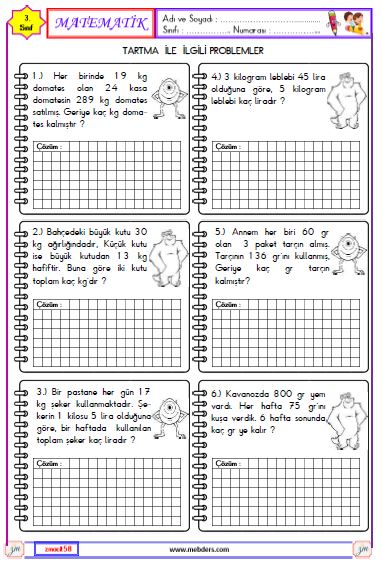 3. Sınıf Matematik Tartma ile İlgili Problemler Etkinliği 2