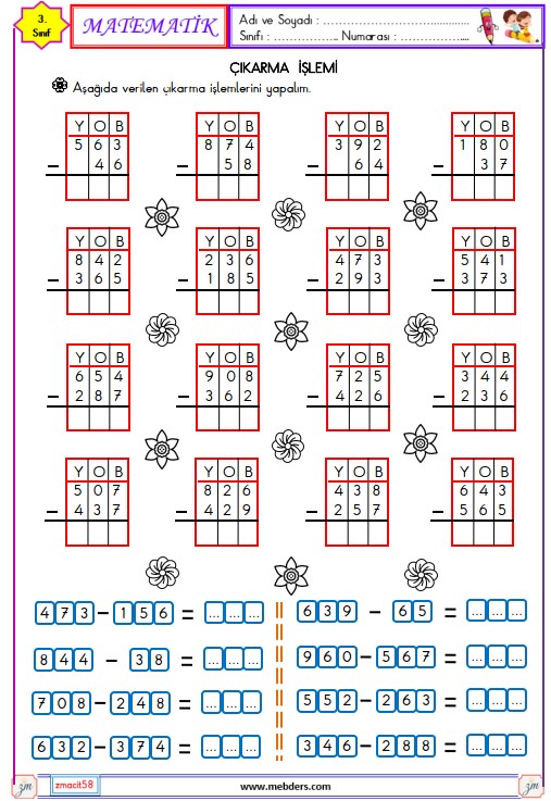 3. Sınıf Matematik Çıkarma İşlemi Etkinliği 3