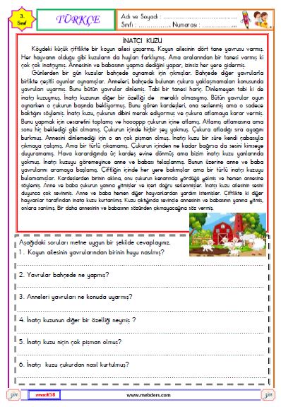 3. Sınıf Türkçe Okuma ve Anlama Etkinliği (İnatçı Kuzu)