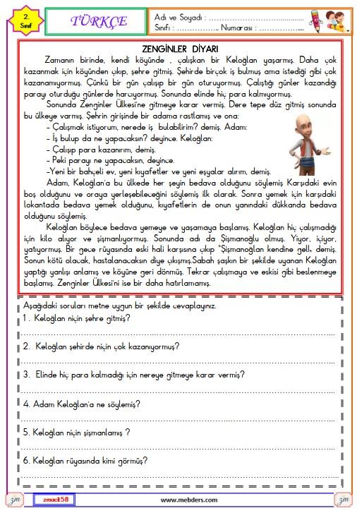 2. Sınıf Türkçe Okuma ve Anlama Metni Etkinliği (Zenginler Diyarı)