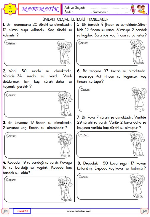 2. Sınıf Matematik Sıvıları Ölçme ile İlgili Problemler Etkinliği 2