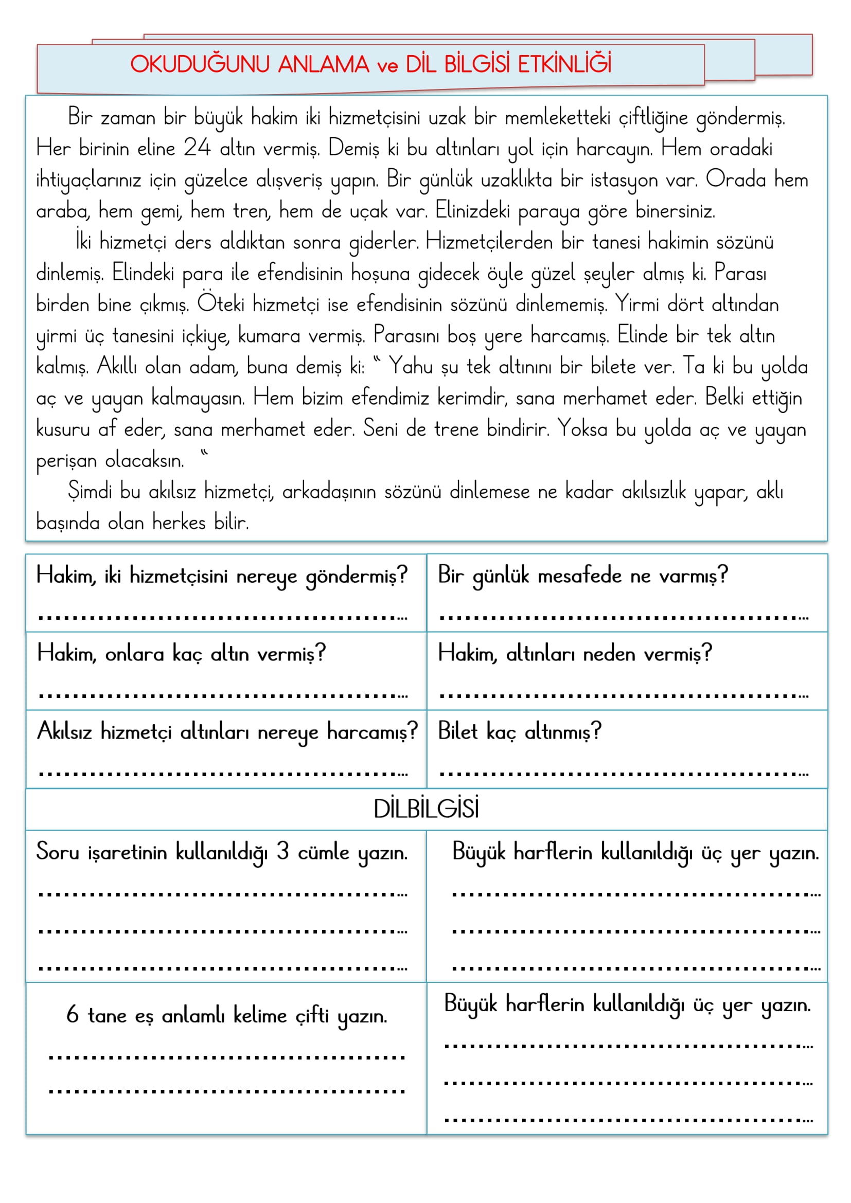 2.Sınıf - Türkçe Okuduğunu Anlama ve Dil Bilgisi Etkinliği-5