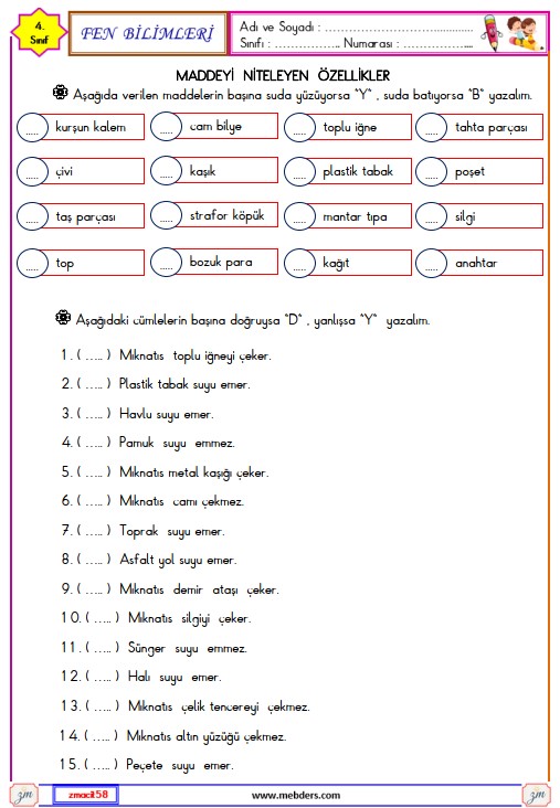 4. Sınıf Fen Bilimleri Maddeyi Niteleyen Özellikler Etkinliği