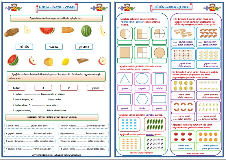 2.Sınıf Matematik Kesirler Bütün-Yarım-Çeyrek Çalışması 3-4  (2 Sayfa)