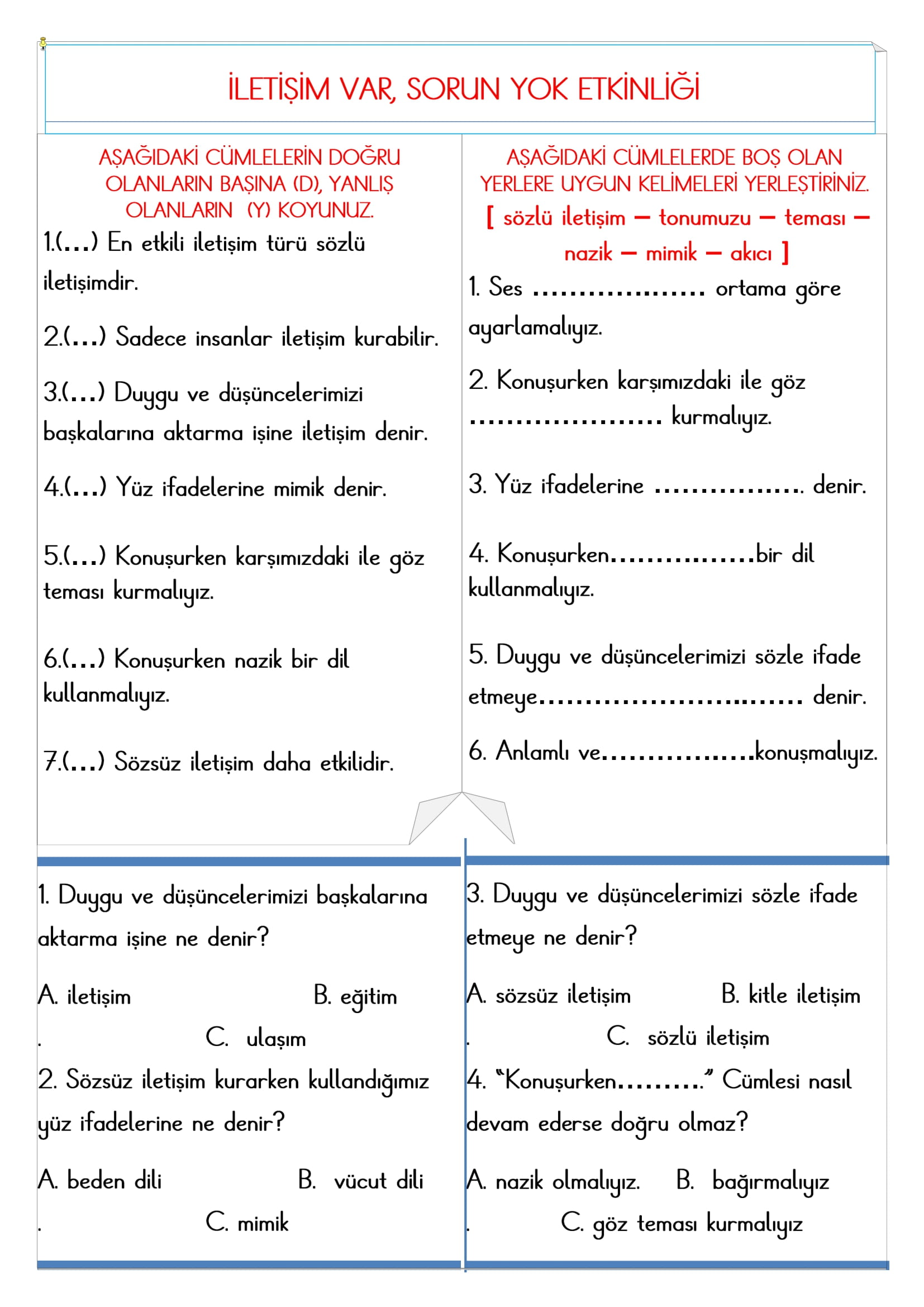 2.Sınıf - Hayat Bilgisi İletişim Var, Sorun Yok  Etkinliği