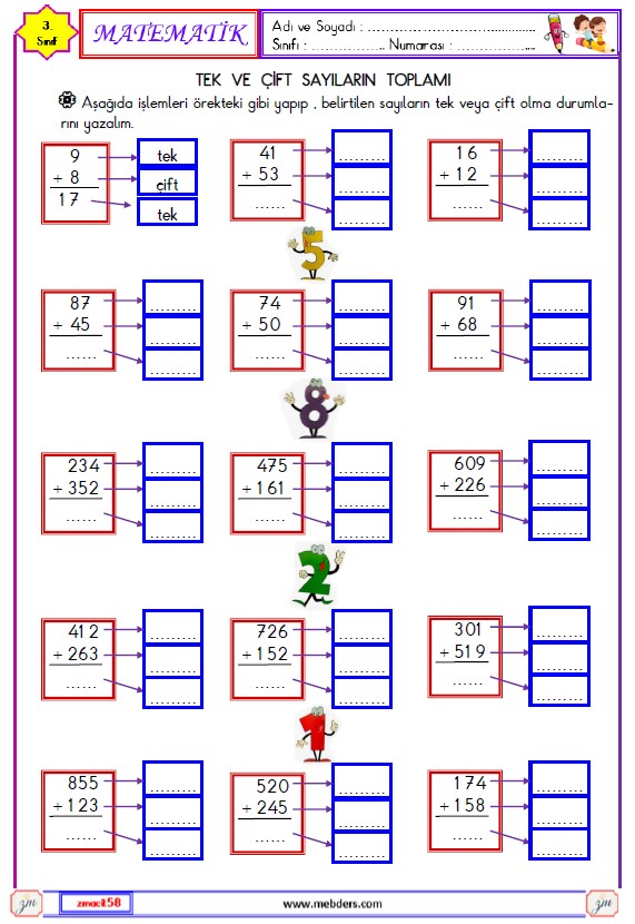 3. Sınıf Matematik Tek ve Çift Sayıların Toplamı Etkinliği