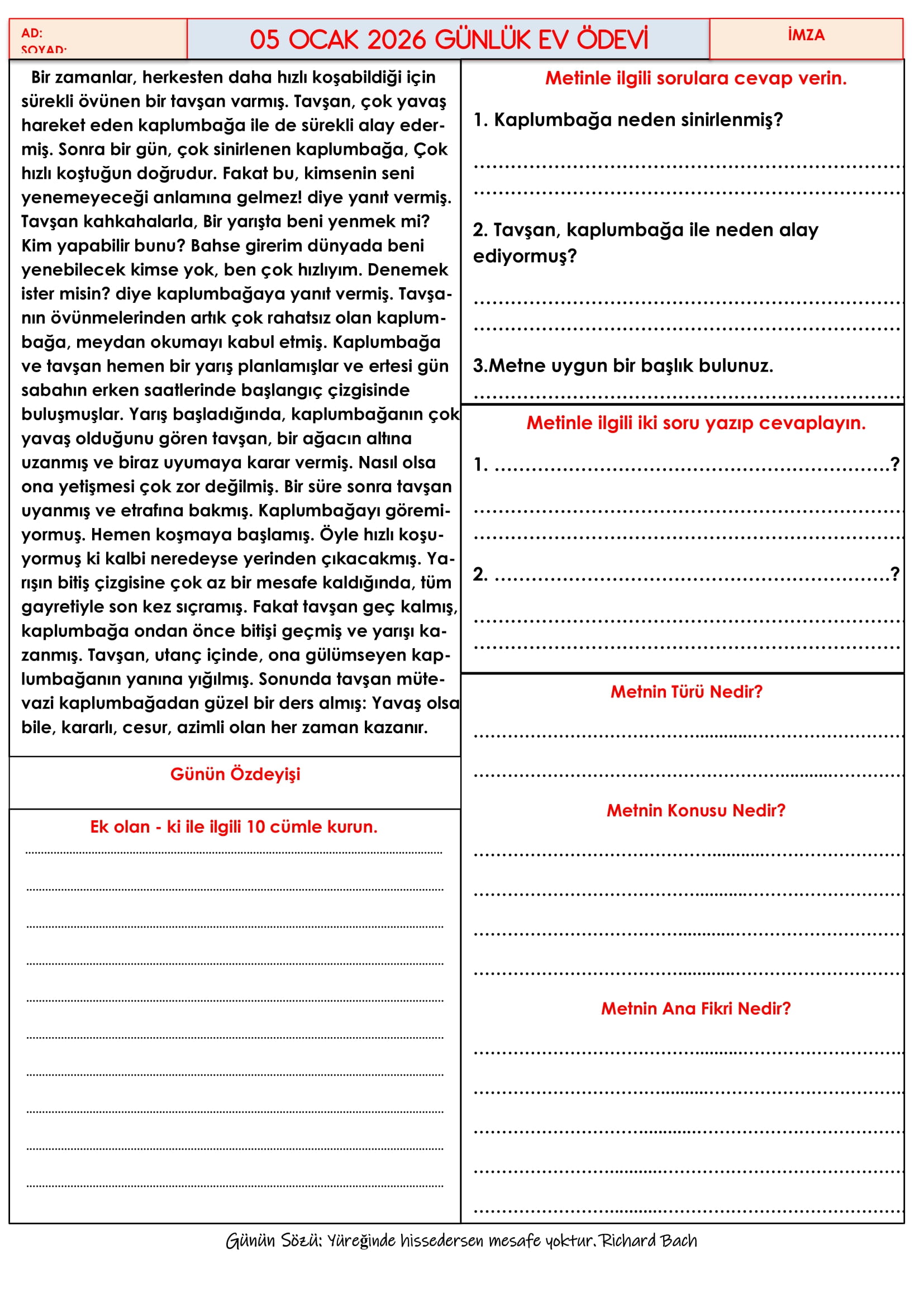 4.Sınıf - 05 Ocak 2026 Günlük Ev Ödevleri