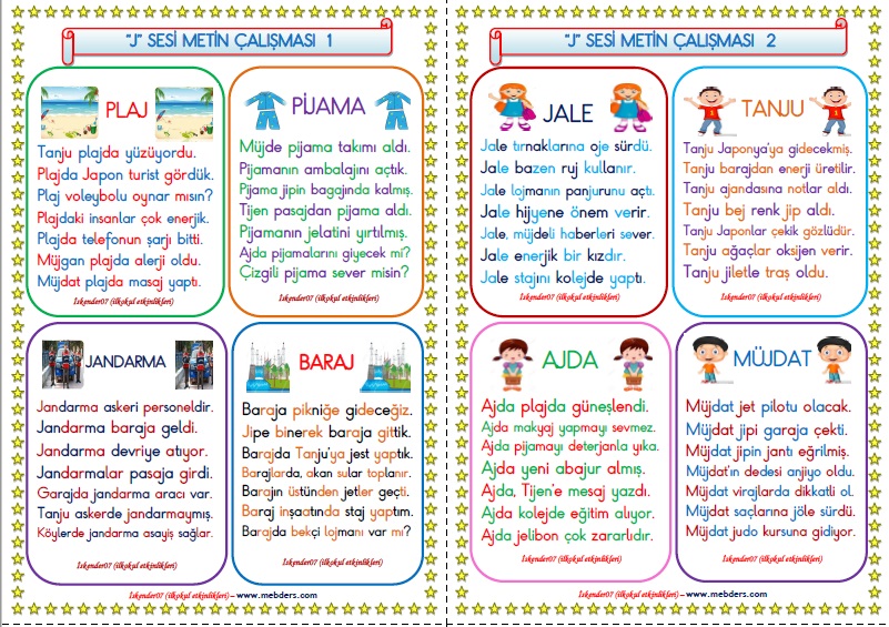 1.Sınıf J-j Sesi Metin Çalışması   (4 Sayfa - 8 Farklı Metin)