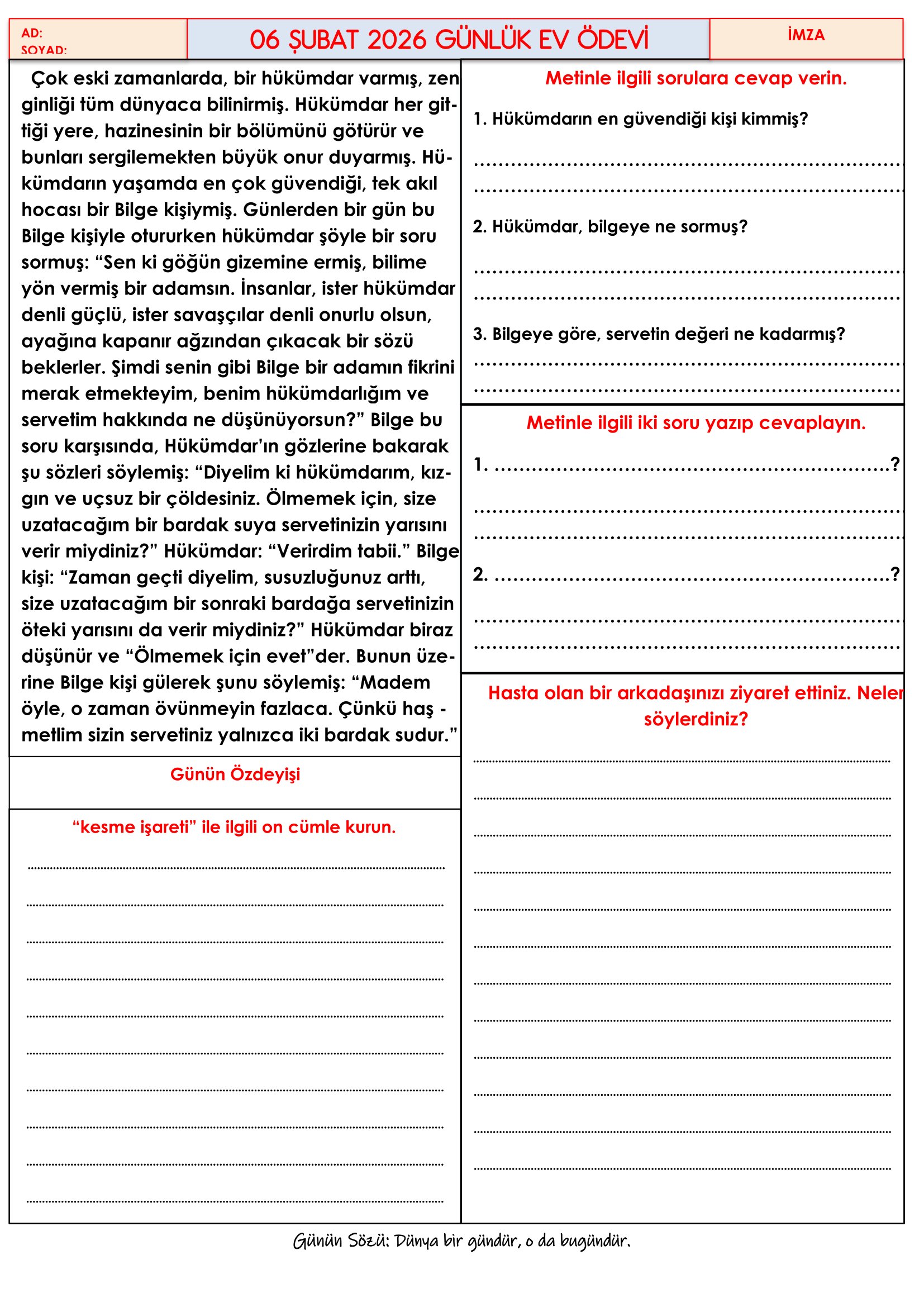 4.Sınıf - 06 Şubat 2026 Günlük Ev Ödevleri