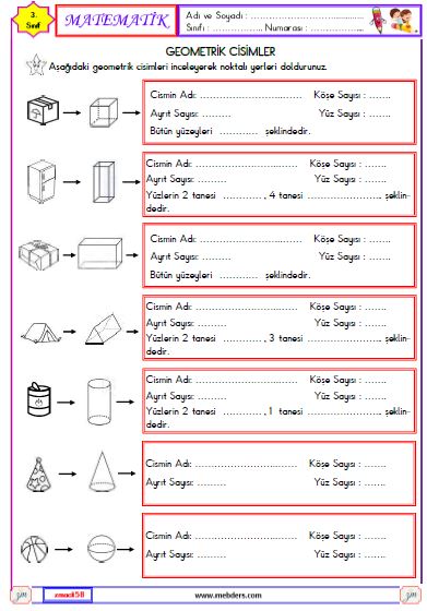 3. Sınıf Matematik Geometrik Cisimler Etkinliği 1