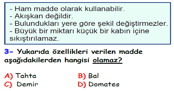 4.Sınıf Fen Bilimleri Maddenin Özellikleri Ünitesi Yaprak Test-3